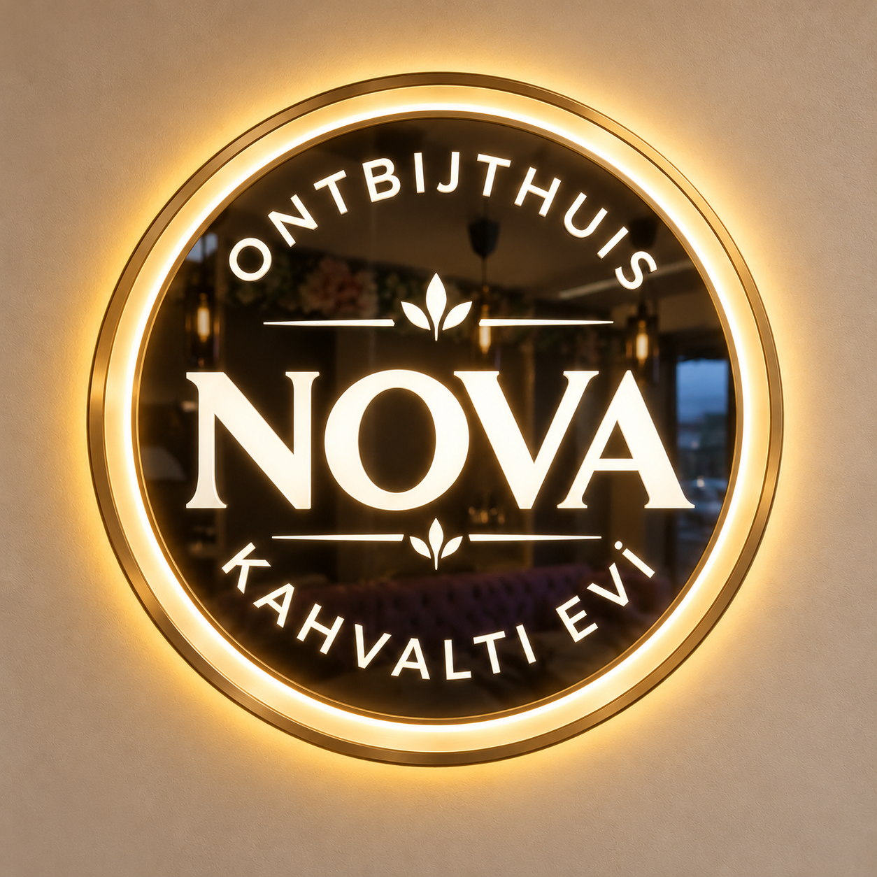 Het verlichte ronde NOVA-bord aan de muur