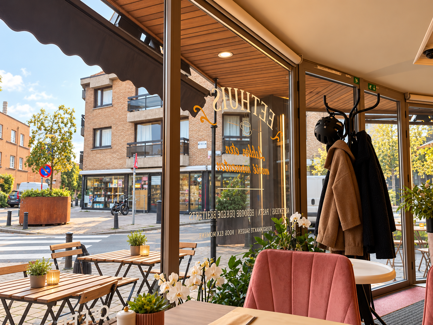 Het terras en de raamzijde van NOVA met zicht op de straat